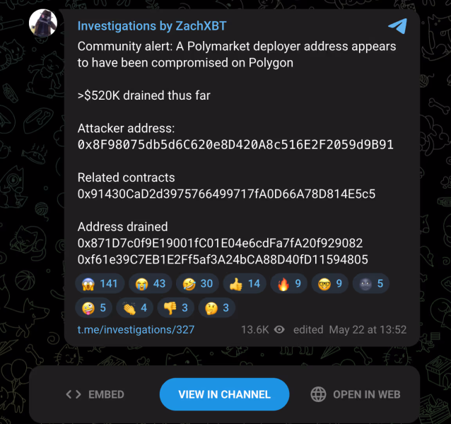 
			ZachXBT выявил эксплойт Polymarket на сумму $520 000 на Polygon		