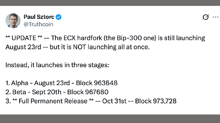 
			Хардфорк ECX биткоина приведет к появлению трех новых версий в течение октября		