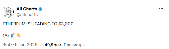 
			Криптоаналитик Али Мартинес прогнозирует рост эфириума до $3,000		