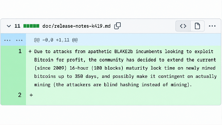 
			Форк Биткойна BLAKE2b предлагает майнерам подождать 45 дней, прежде чем распоряжаться своими монетами		